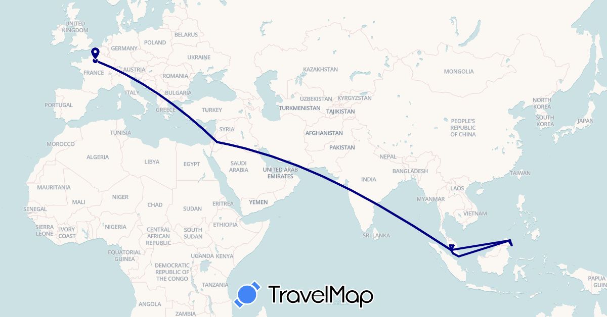 TravelMap itinerary: driving in France, Jordan, Malaysia, Singapore (Asia, Europe)